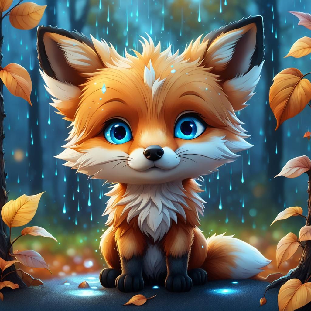 Crying Baby Fox in Autumn Rain, Digital Art