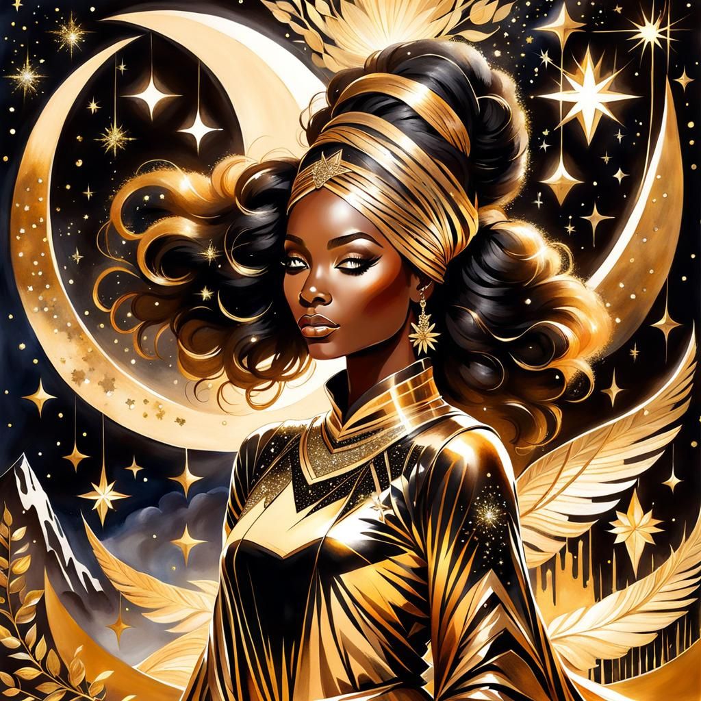 Ethereal Black Girl in Moonlit Gold: Watercolor Painting