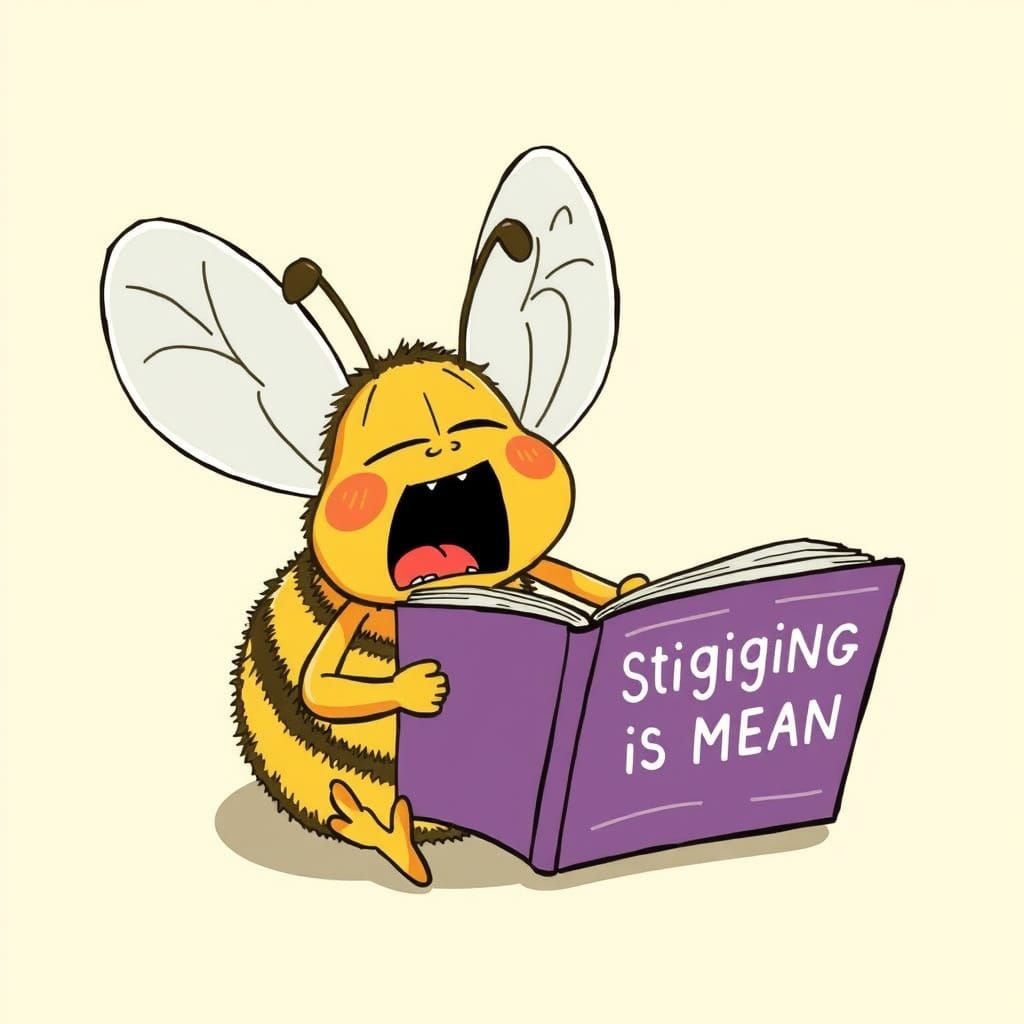 Cartoon Bumblebee Yawning While Reading Book