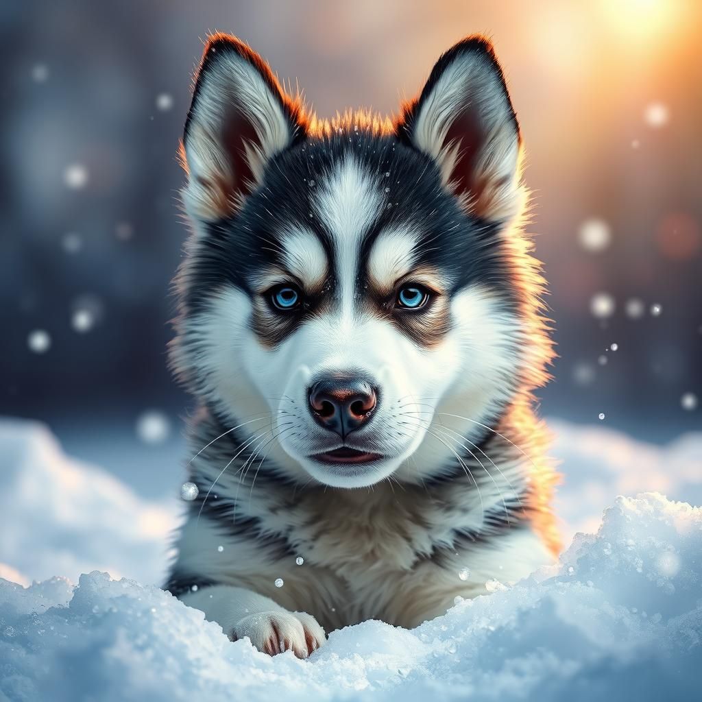 Hyperrealistic Husky Puppy in Snow, Splash Art Style