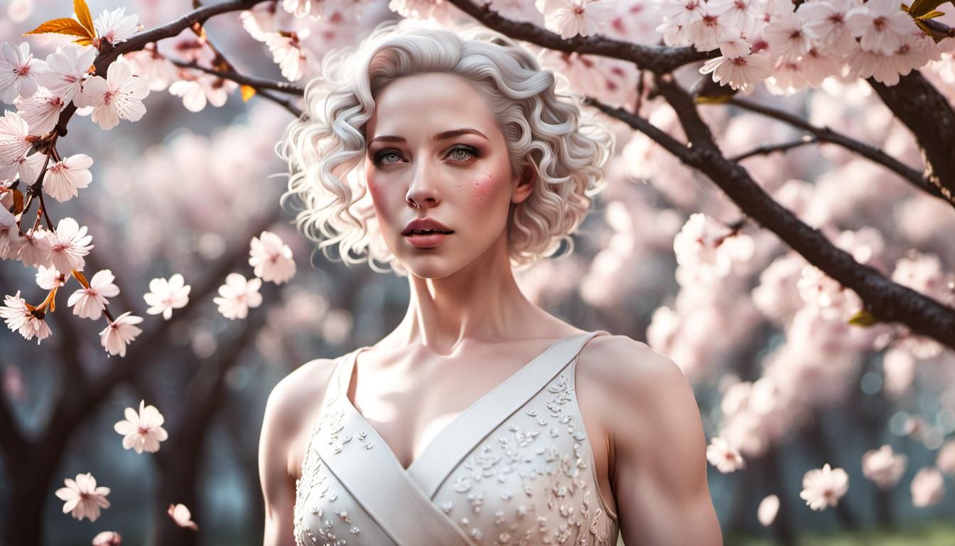Ethereal Woman in Cherry Blossom Shower