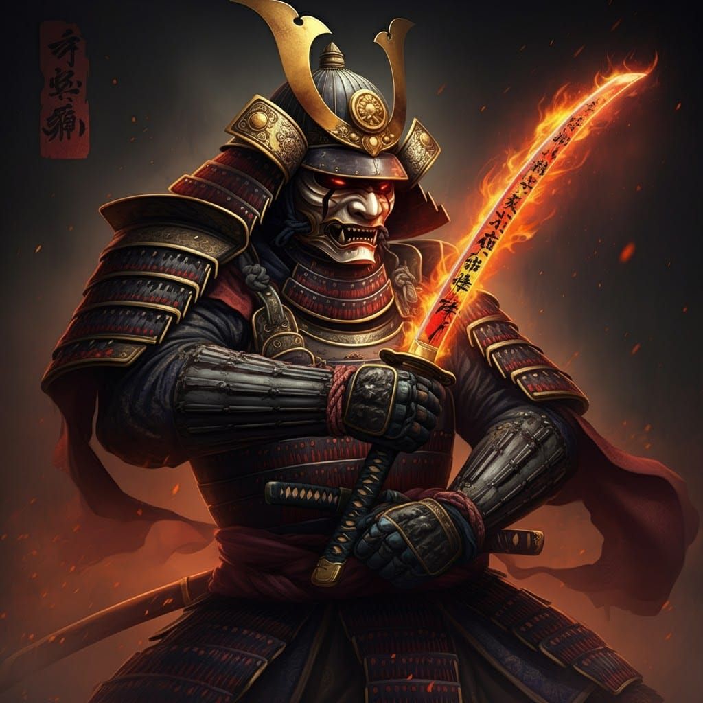 The word "獅子の心" in blazing red hot writing on the Katana  bl...