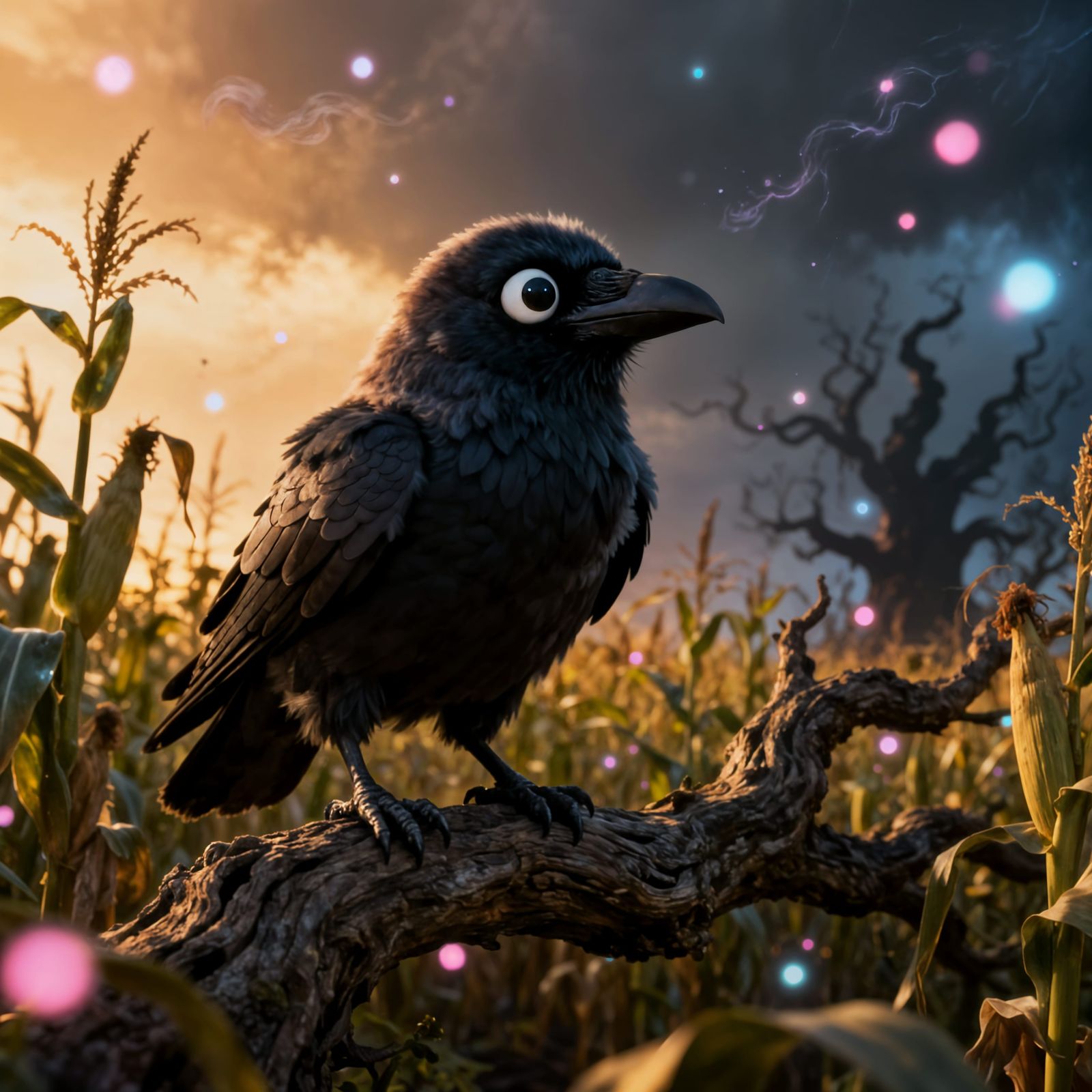 Cute Raven in Dark Fantasy Cornfield Storm