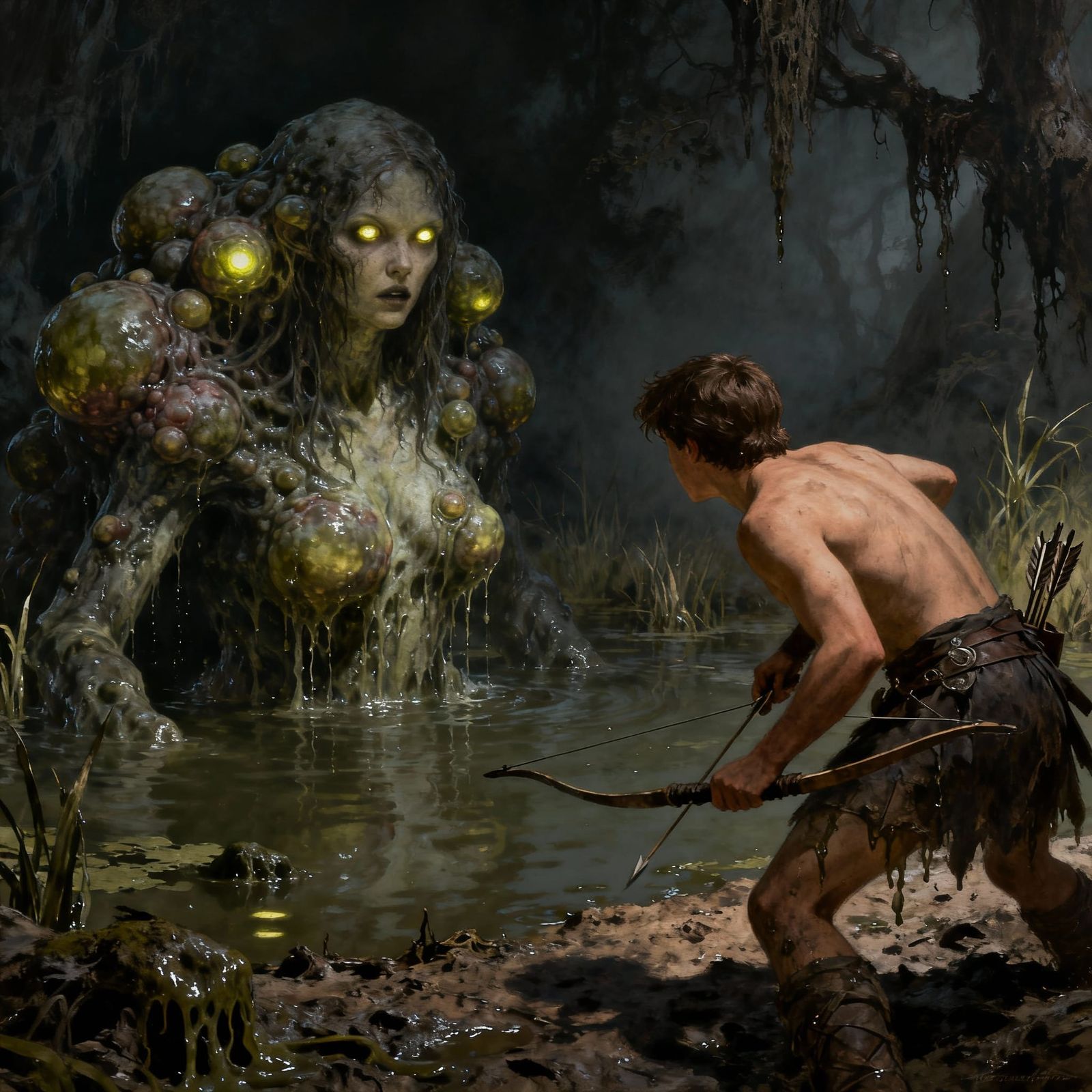 Warrior Fights Swamp Monster in Gritty Fantasy Art