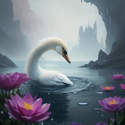 Swan Head with Flowers in Detailed Matte Painting