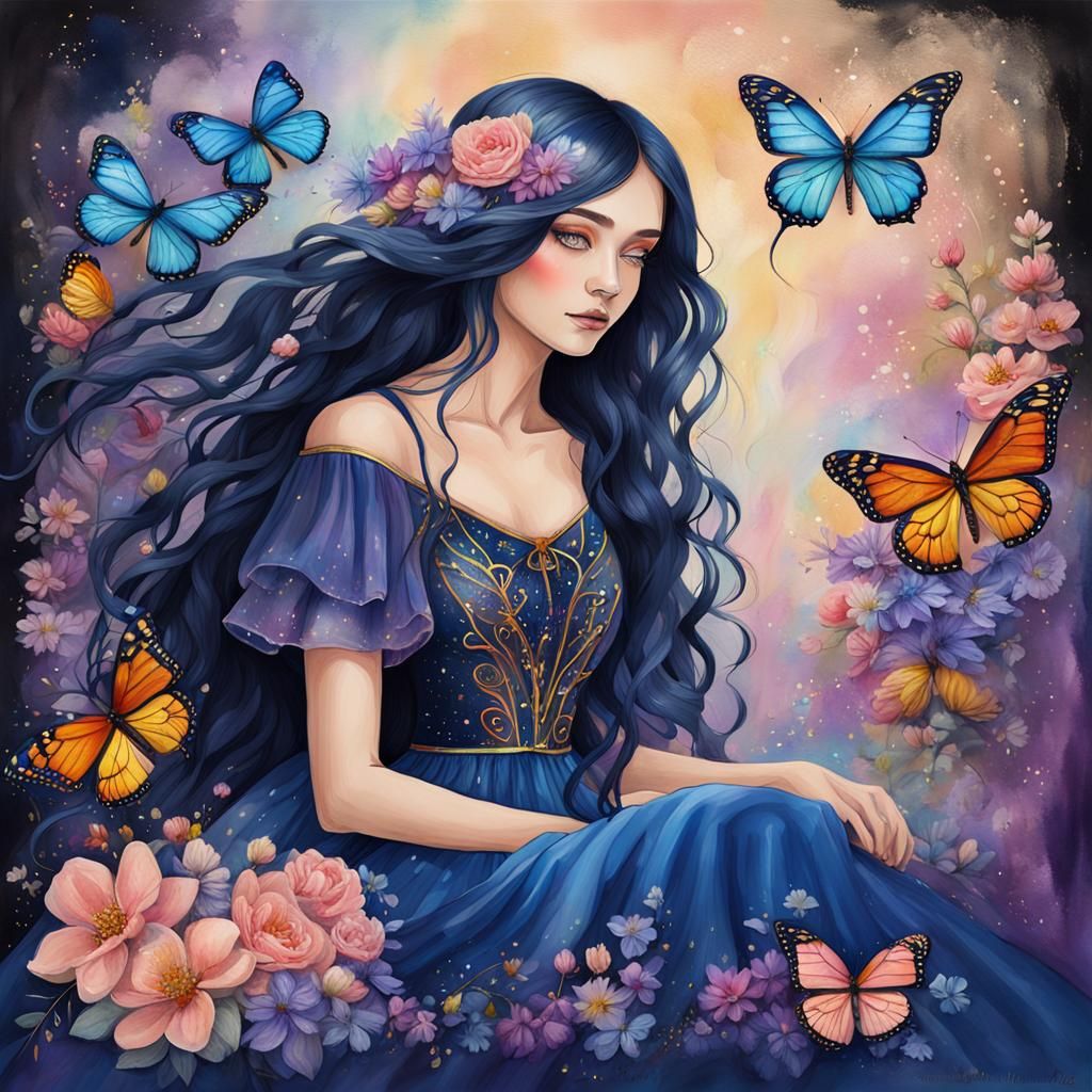 Beautiful Navy-Haired Lady in Ethereal 3D Alcohol Ink Art