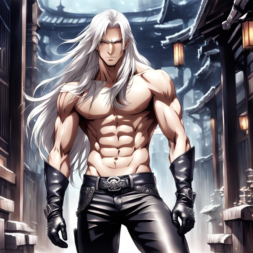 Anime Style White-Haired Man in Leather