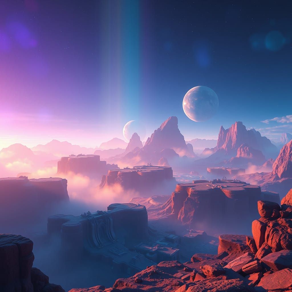 Surreal Futuristic Landscape in Deep Blues and Purples