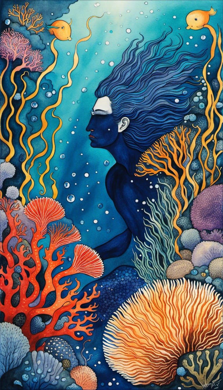 Navy Merman in Undersea Wonder as Watercolor