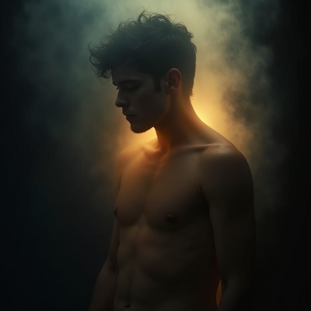Photorealistic Portrait of a Man Emerging from Darkness in W...