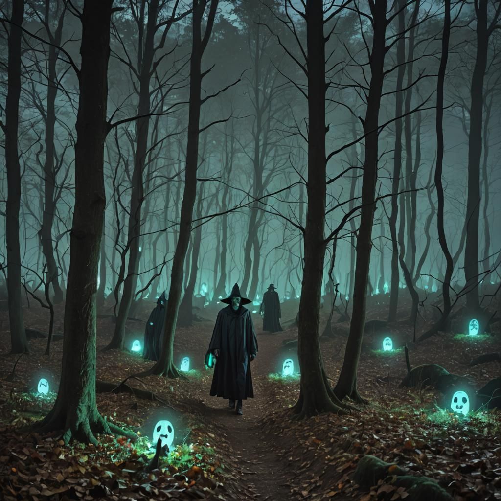 Bioluminescent Figures in a Mysterious Halloween Forest