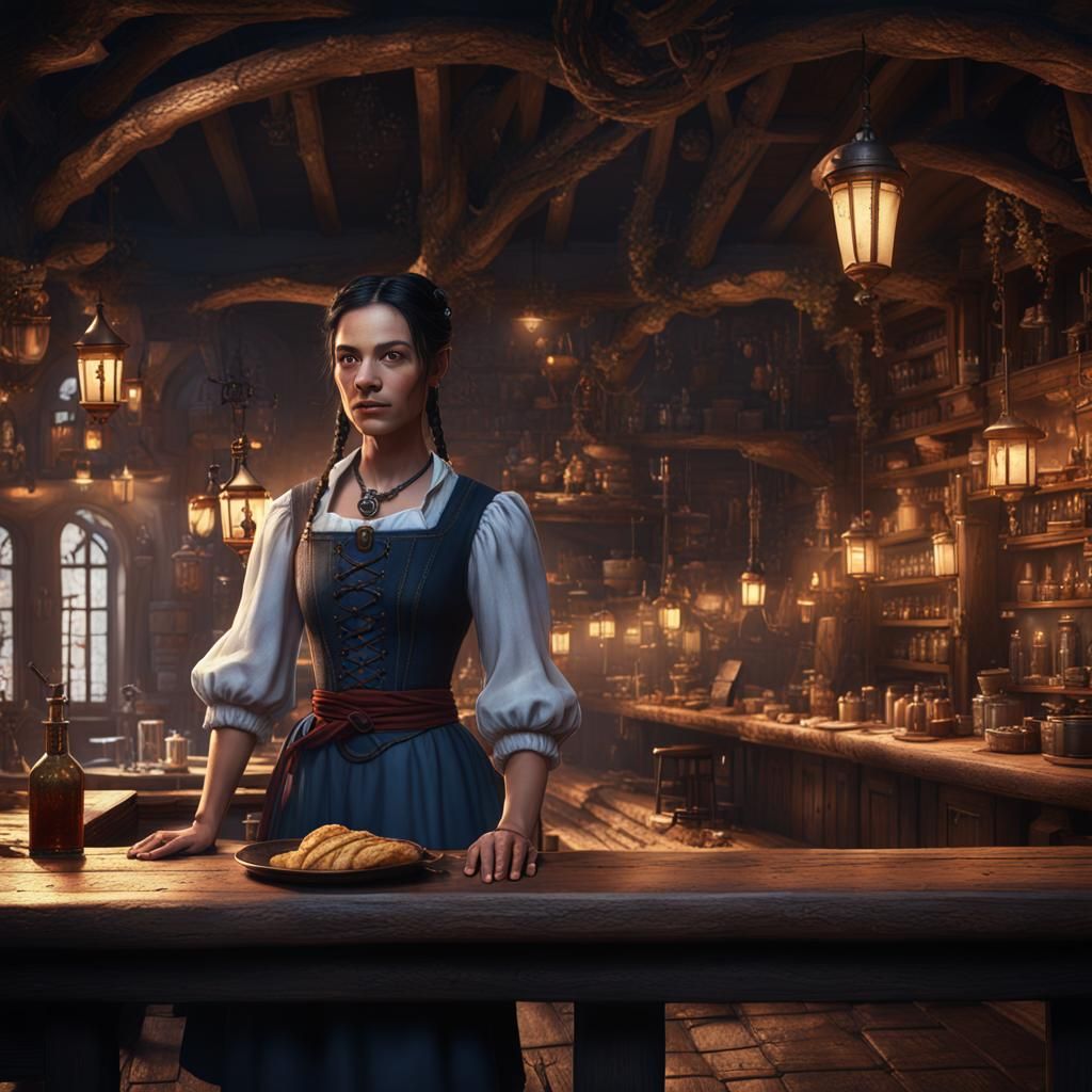 Medieval Tavern Waitress in Dark Fantasy Art