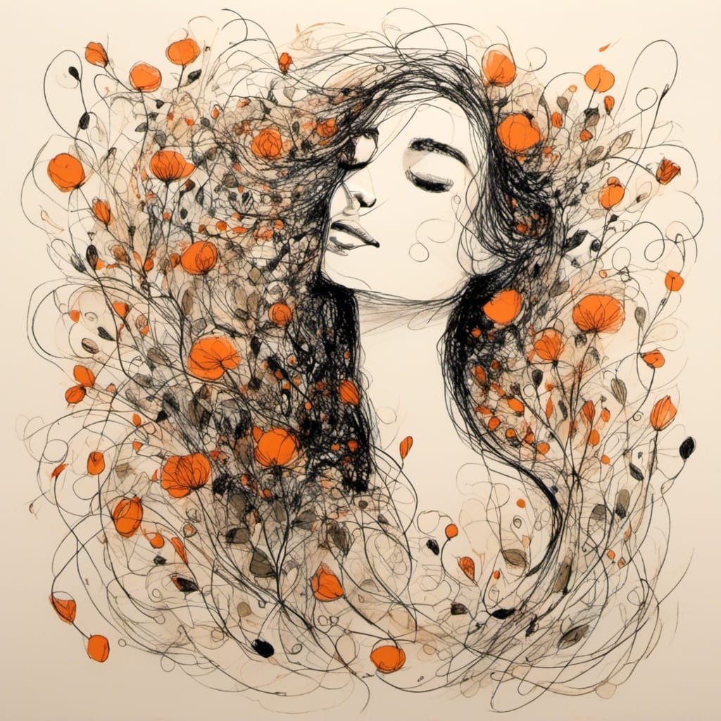 Smiling Woman in Garden: Minimalist Ink Illustration