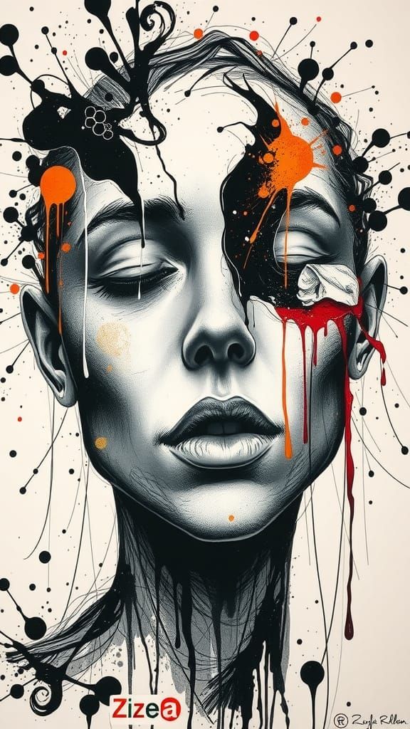 Expressive Portrait with Ink Splatters, Abstract Design