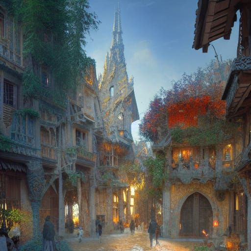 Gaudi-Inspired Village: Art Nouveau Concept Art