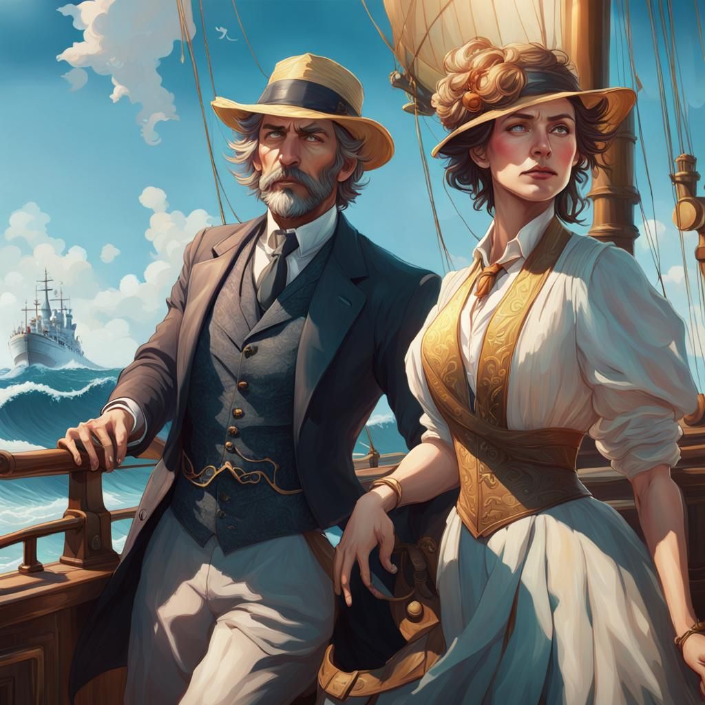 Detectives on Sunny Ocean Wave, Art Nouveau Portrait