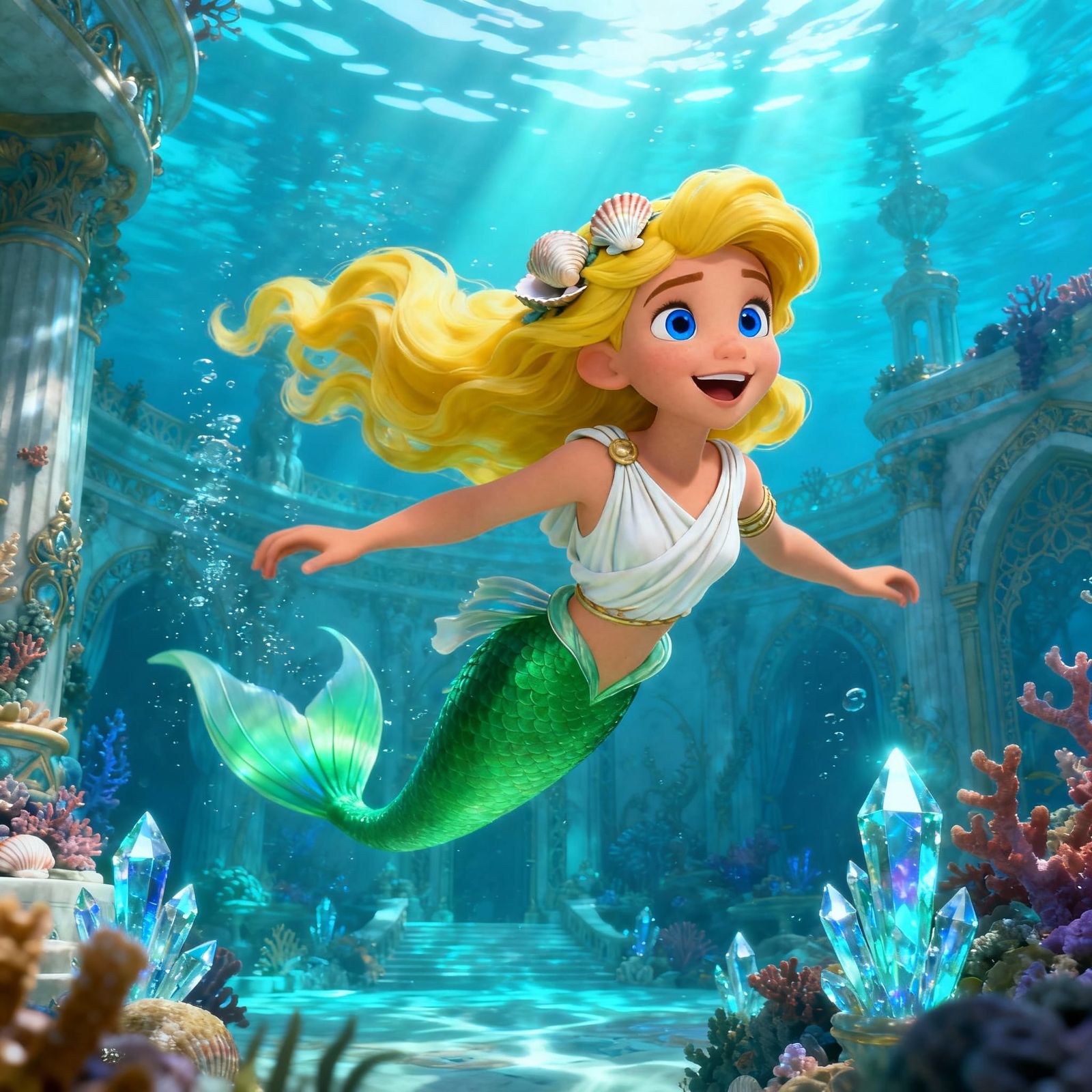 Joyful Mermaid in Underwater Palace, Disney Style