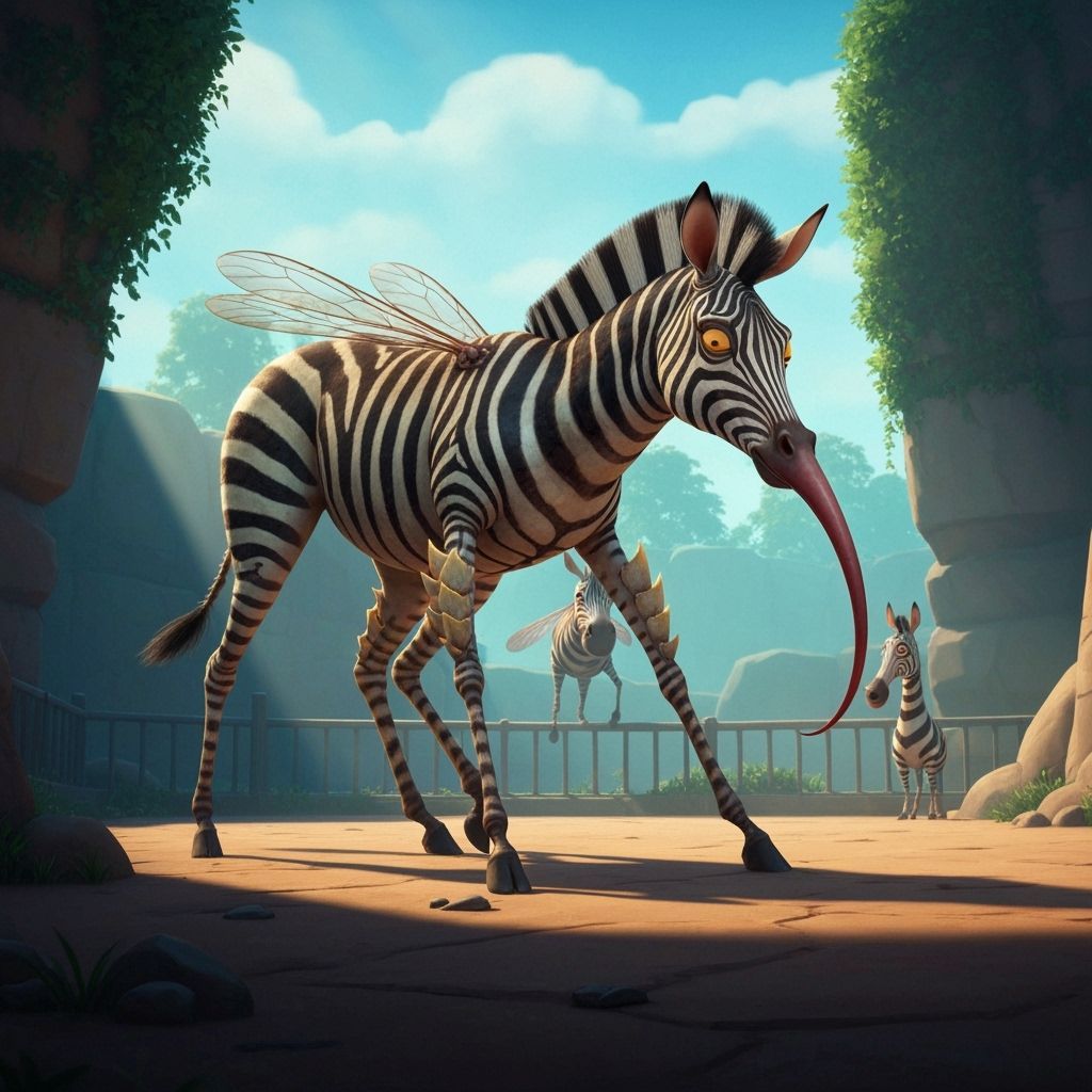 Grotesque Mosquito-Zebra Villain in Pixar Style Zoo