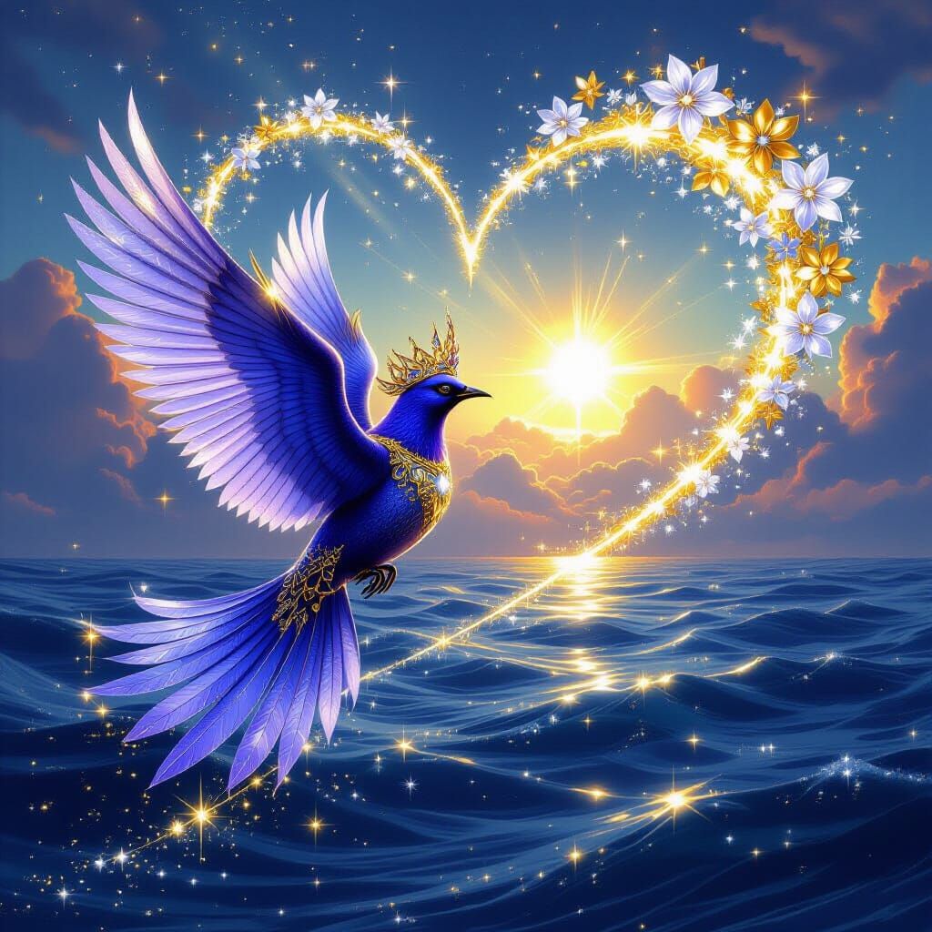 Violet Bird of Hope Rises from Ocean Depths with Golden Wing...