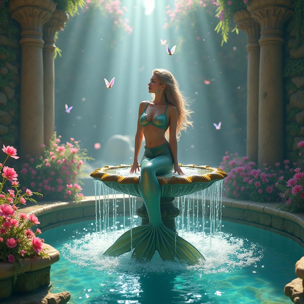 Majestic Mermaid in Floral Fountain with Fairies