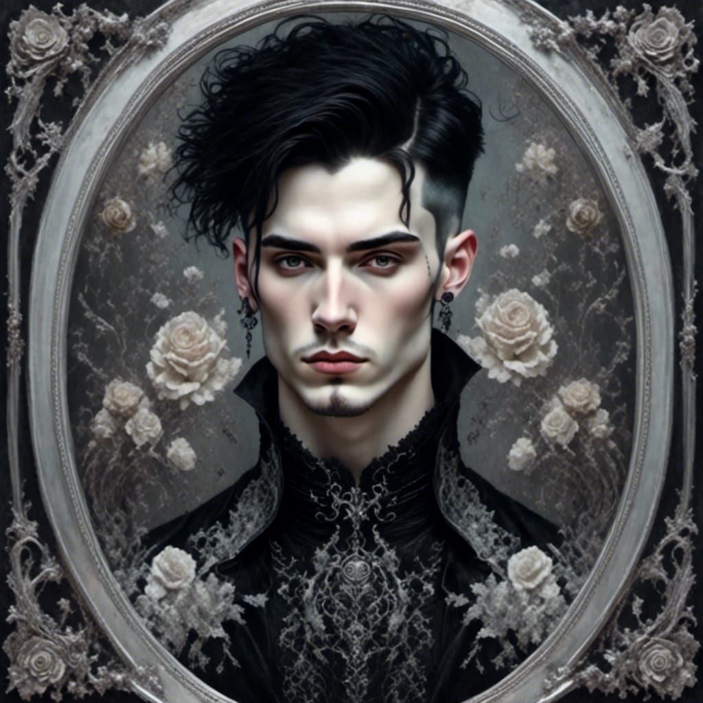Gothic Man Portrait in Elaborate Silver Frame