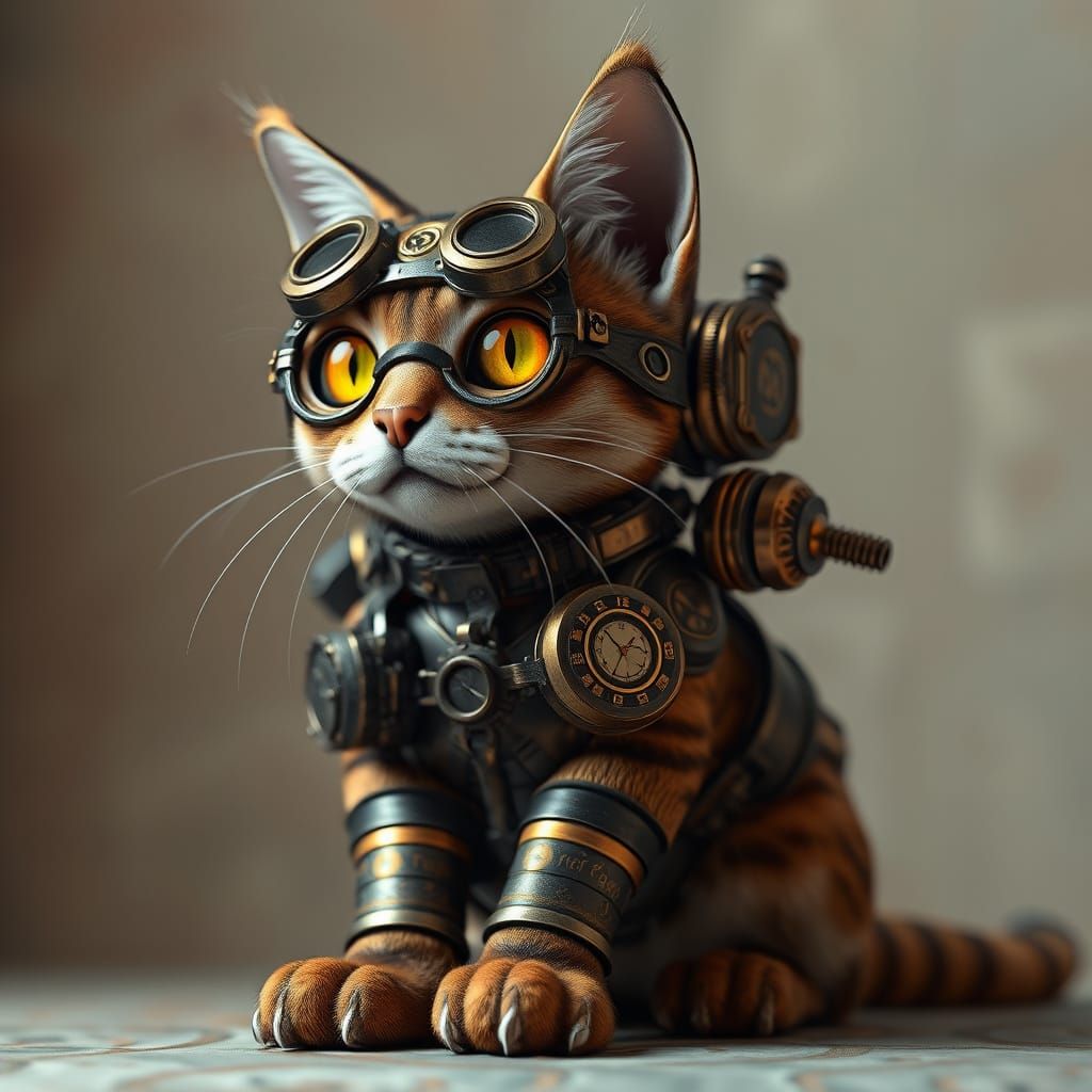 Hyper Realistic Steampunk Cat in Octane Render Style