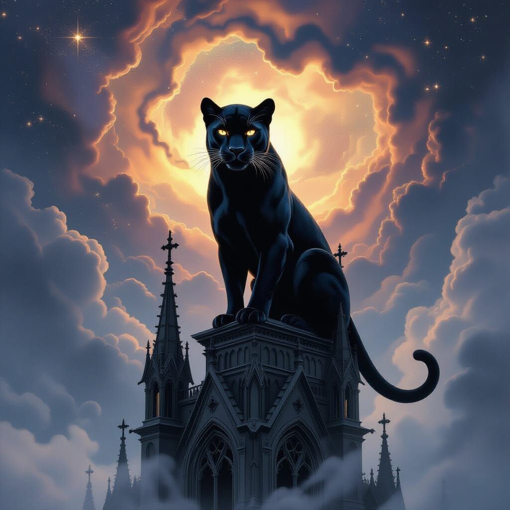 Black Panther on Gothic Spire Under Nebula Sky