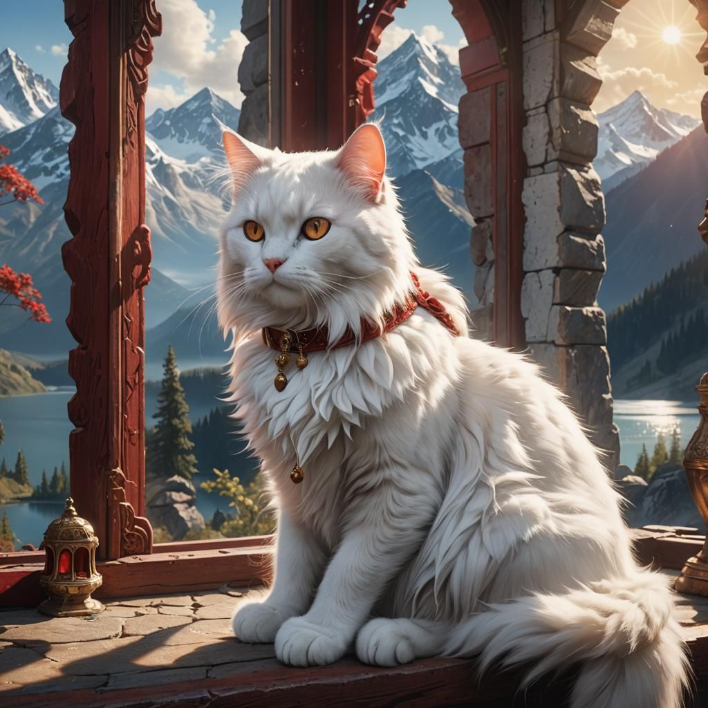 White Cat on Windowsill with Mountain Lake View