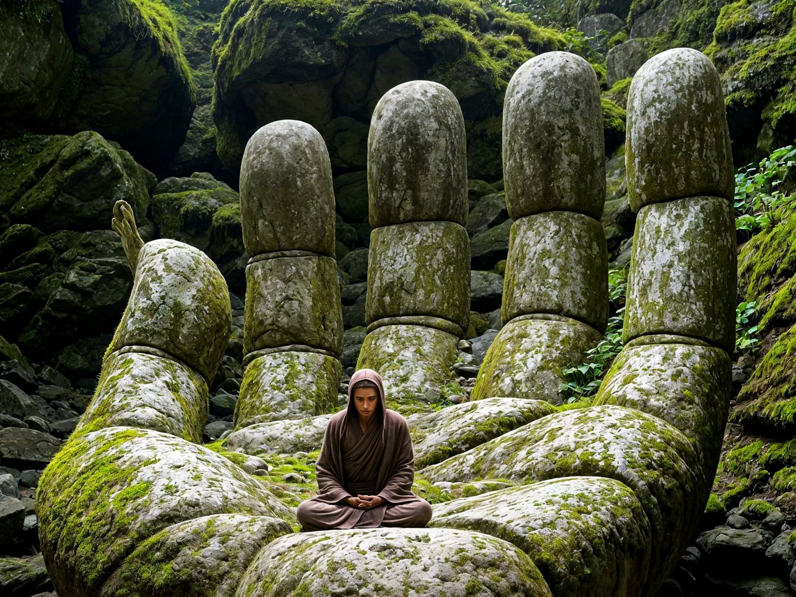 Ancient Stone Hand Protects Meditative Figure