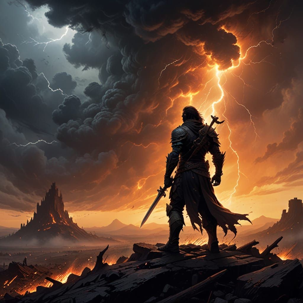 Epic Warrior in Fiery Battlefield Concept Art