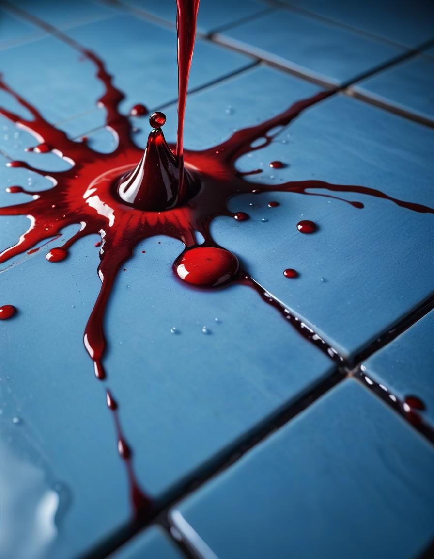 Blood Splashes on Blue Tile: Macro Photography