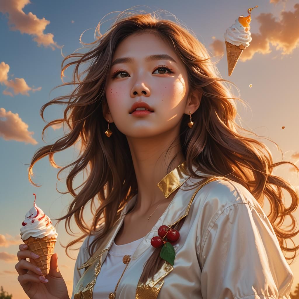 K-Pop Idol Portrait with Ice Cream at Sunset