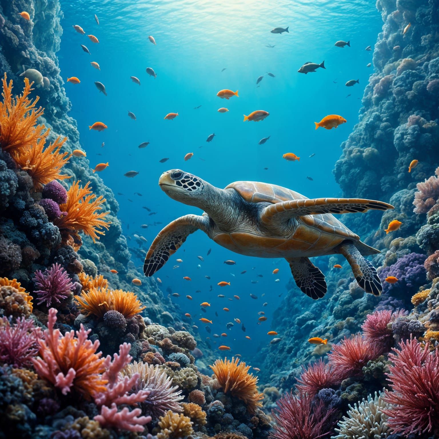 Surreal Sea Turtle in Vibrant Coral Reef Digital Art