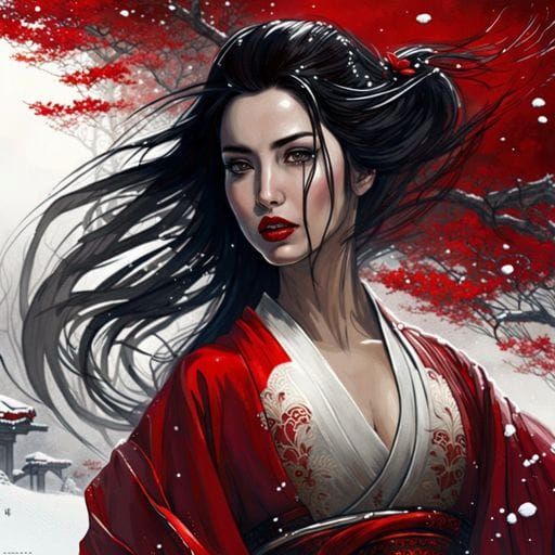 Elegant Geisha with Windblown Hair, Fantasy Art