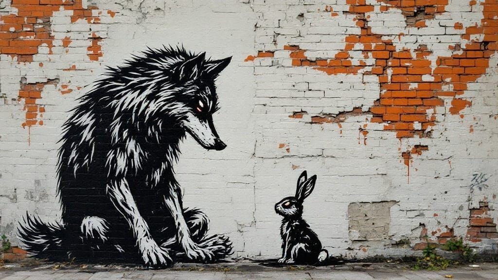 Wolf Sitting on Weathered Brick Wall, Staring Down a Timid B...