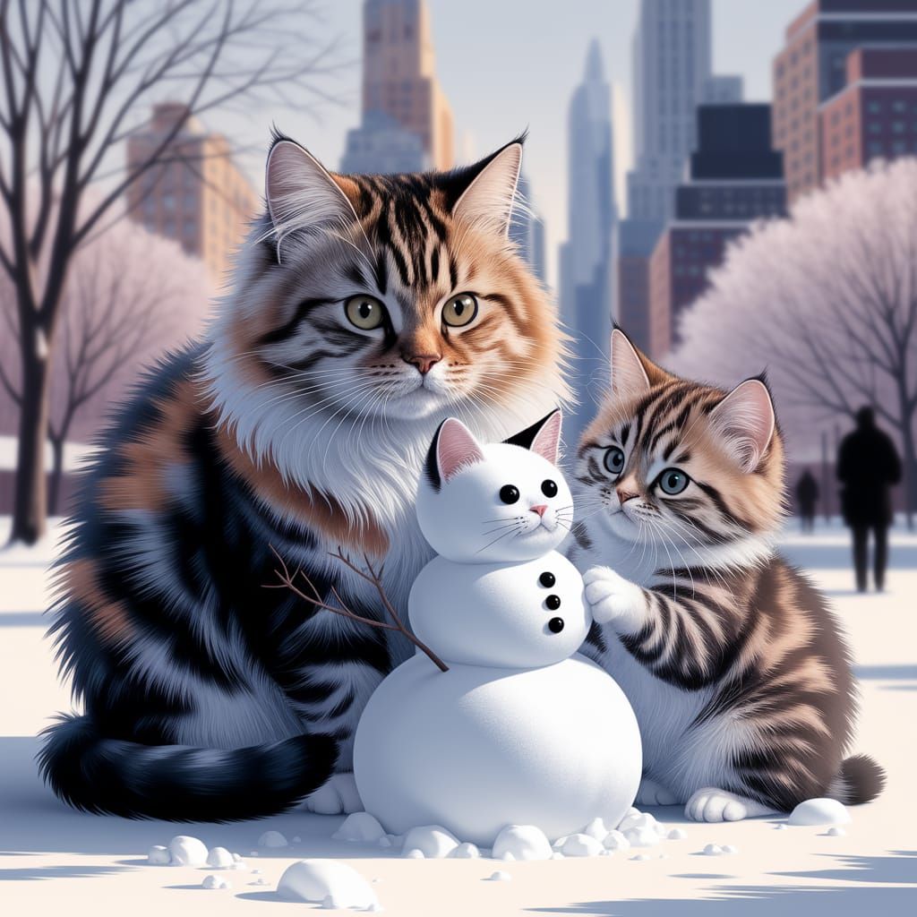 Calico Cat and Kitten Build Snowman in NYC