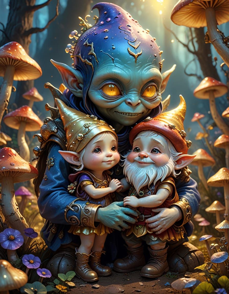 Enchanting Alien and Gnome Hug Fantasy Illustration
