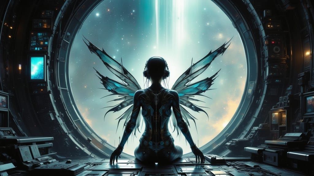 Cyborg Fairy Astronaut in Retro Space Odyssey