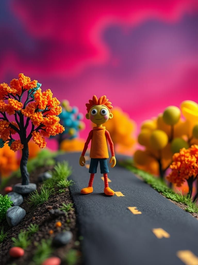 Vibrant Claymation Character on Winding Road
