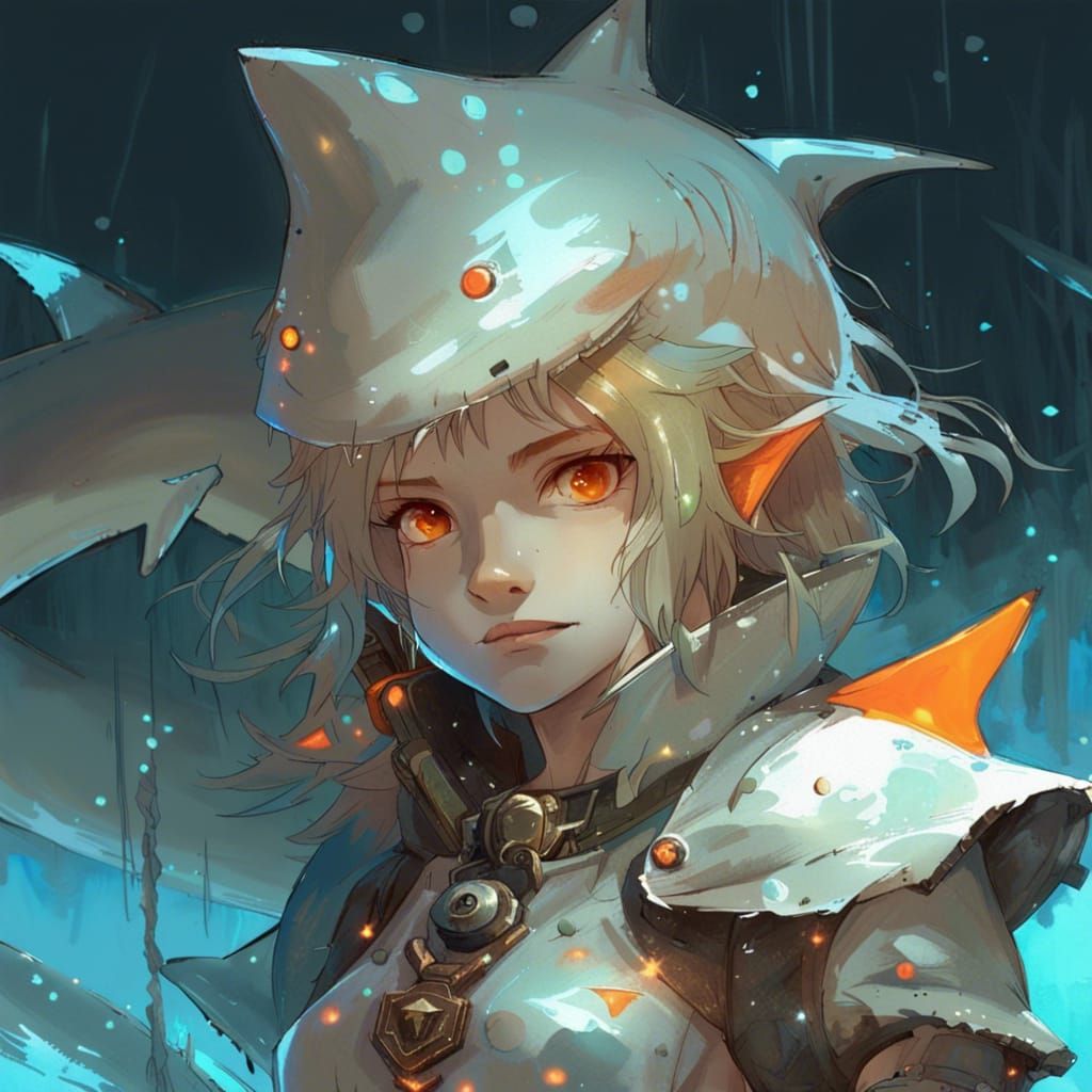 Girl in Shark Costume Gazing at Bioluminescent Moon