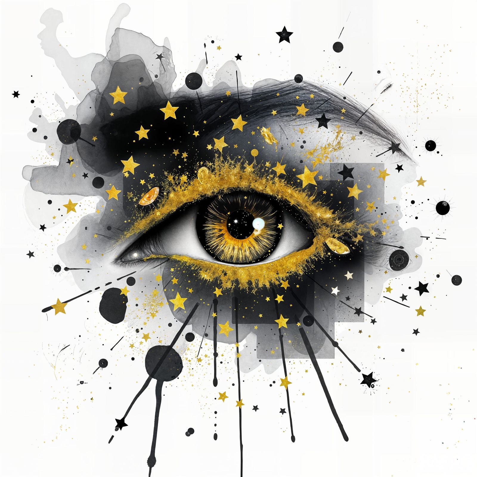 Golden Eye in Sparkling Watercolor Starfield