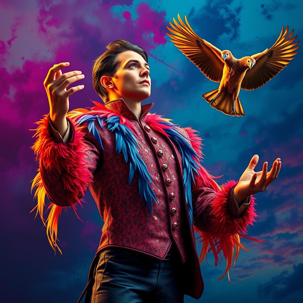 Juggler with Birds in Hyper-Realistic Style