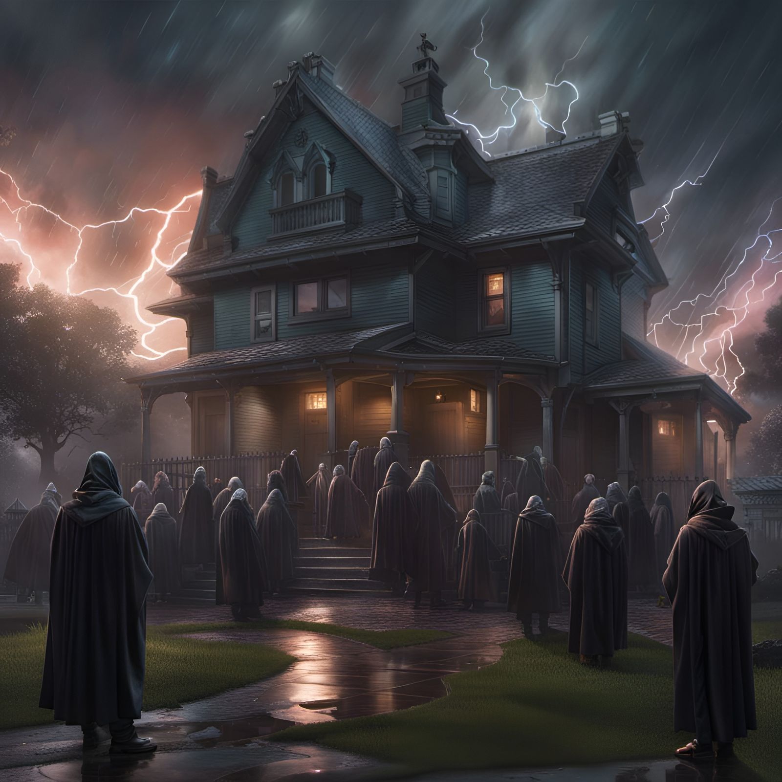 Cultists Worship Suburban Home in Dark Fantasy Art
