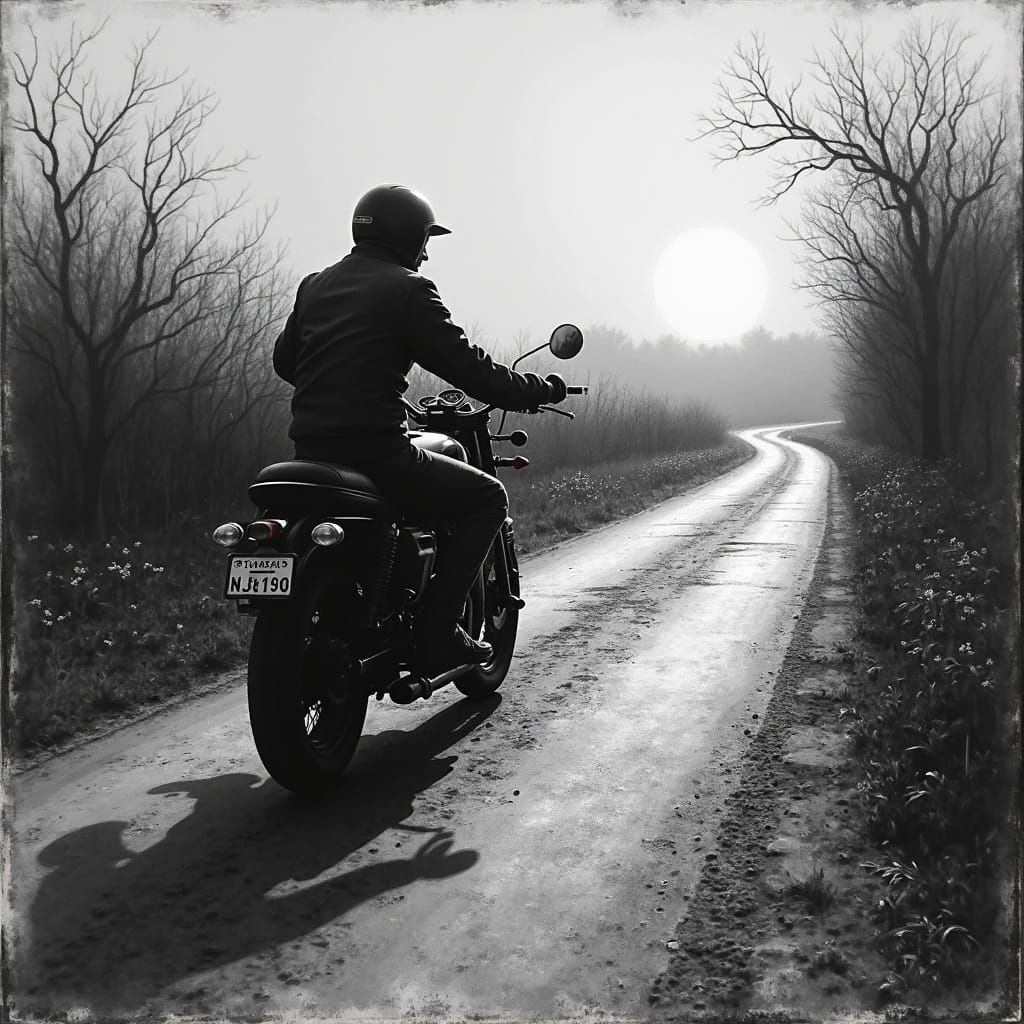 Classic Motorbike Silhouette on Twisty Road