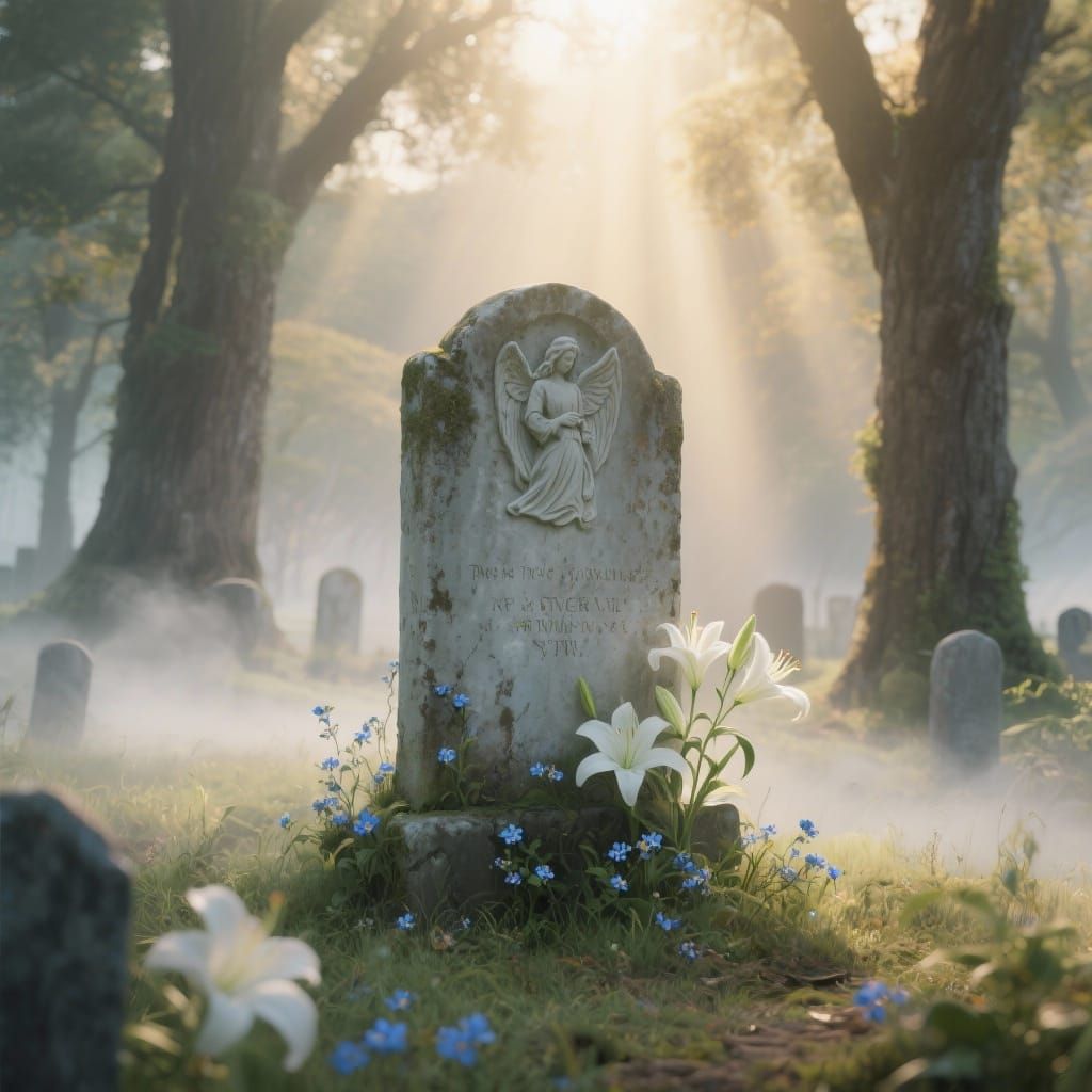 Peaceful Cemetery Scene with Angel Gravestone in Morning Mis...