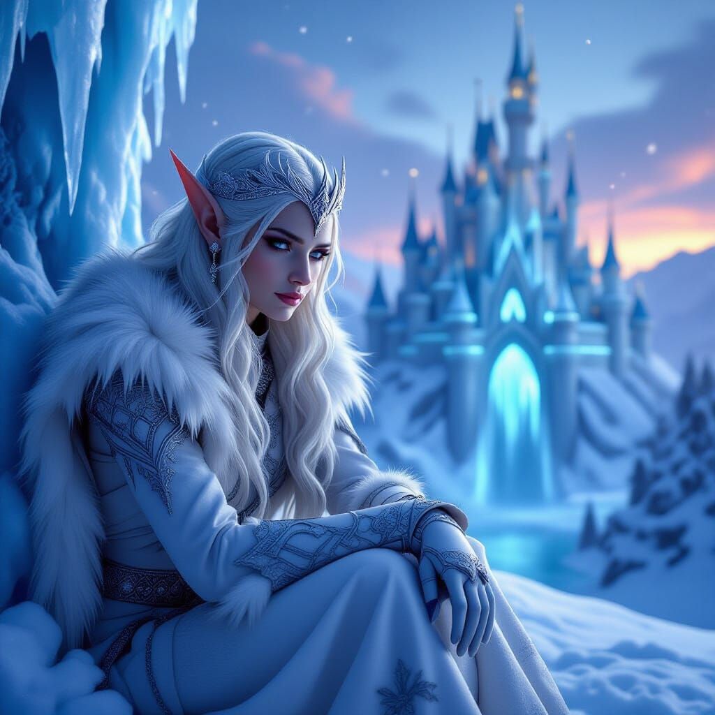 Snow Elf Contemplating Frozen Castle in Ethereal Light