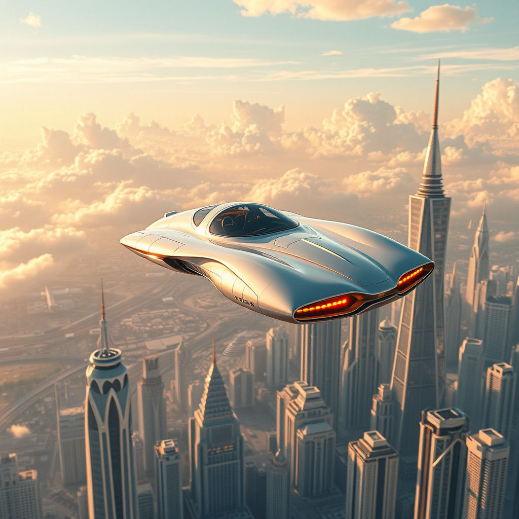 Futuristic Flying Car Over Iridescent Cityscape