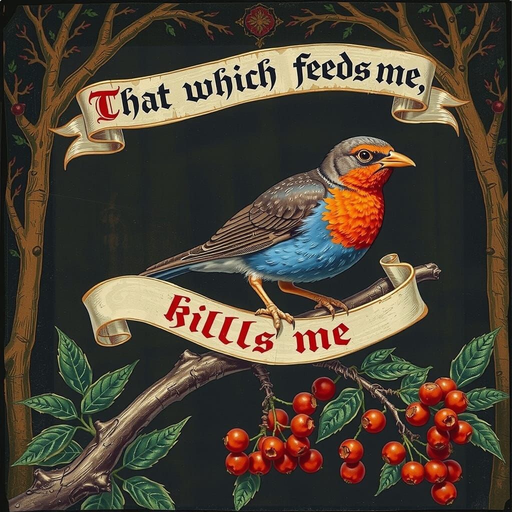 Thrush Bird and Red Berries in Medieval Manuscript Style