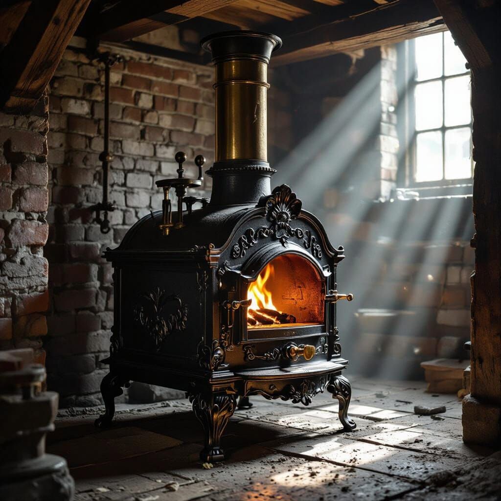 Antique Cast-Iron Furnace in Dim Victorian Basement