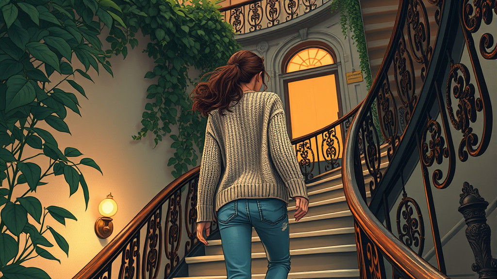 Woman Ascending Staircase with Lush Greenery